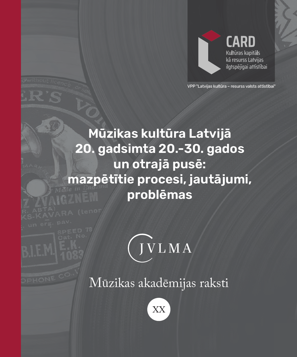 					View Vol. 20 (2022): Mūzikas kultūra Latvijā 20. gadsimta 20.-30. gados un otrajā pusē: mazpētītie procesi, jautājumi, problēmas, Mūzikas akadēmijas raksti
				
