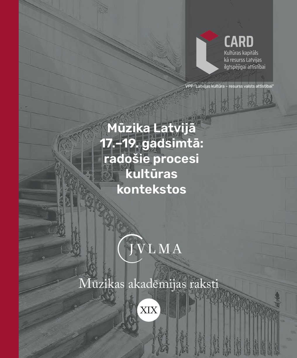 					View Vol. 19 (2021): Mūzika Latvijā 17.–19. gadsimtā: radošie procesi kultūras kontekstos, Mūzikas akadēmijas raksti
				